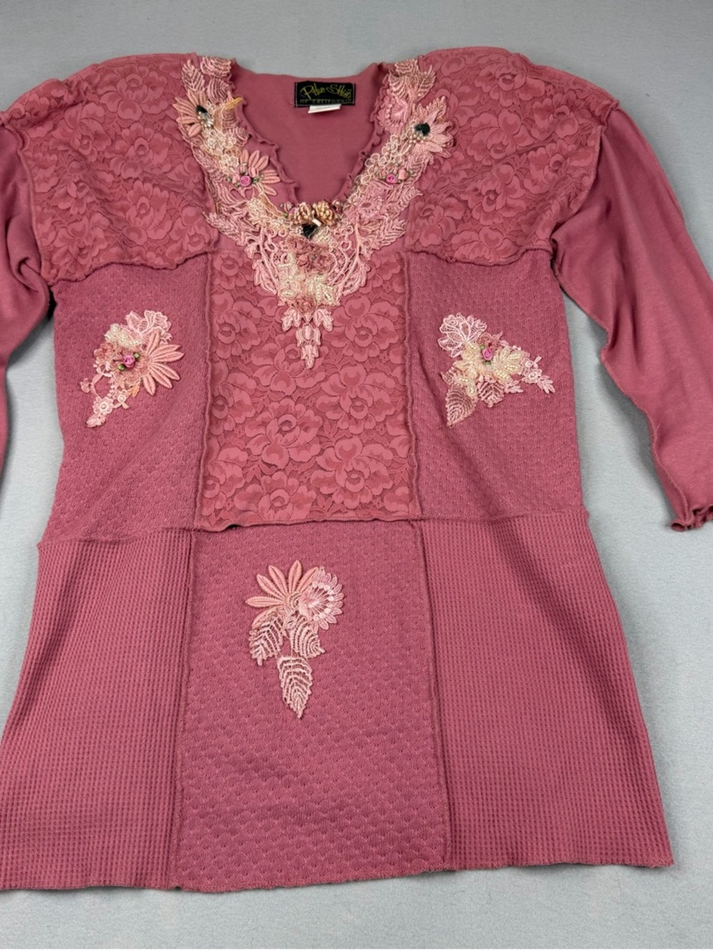 Vintage Phun Shirts California Patchwork Lace Thermal Top OS Boho Fairy